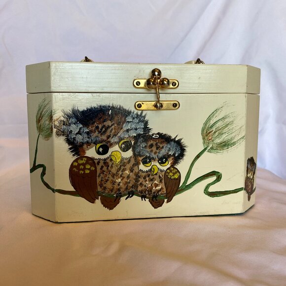MCM VINTAGE ANNIE LAURIE BOX HANDBAG PURSE - HAND PAINTED CUTE OWLS - Picture 1 of 9
